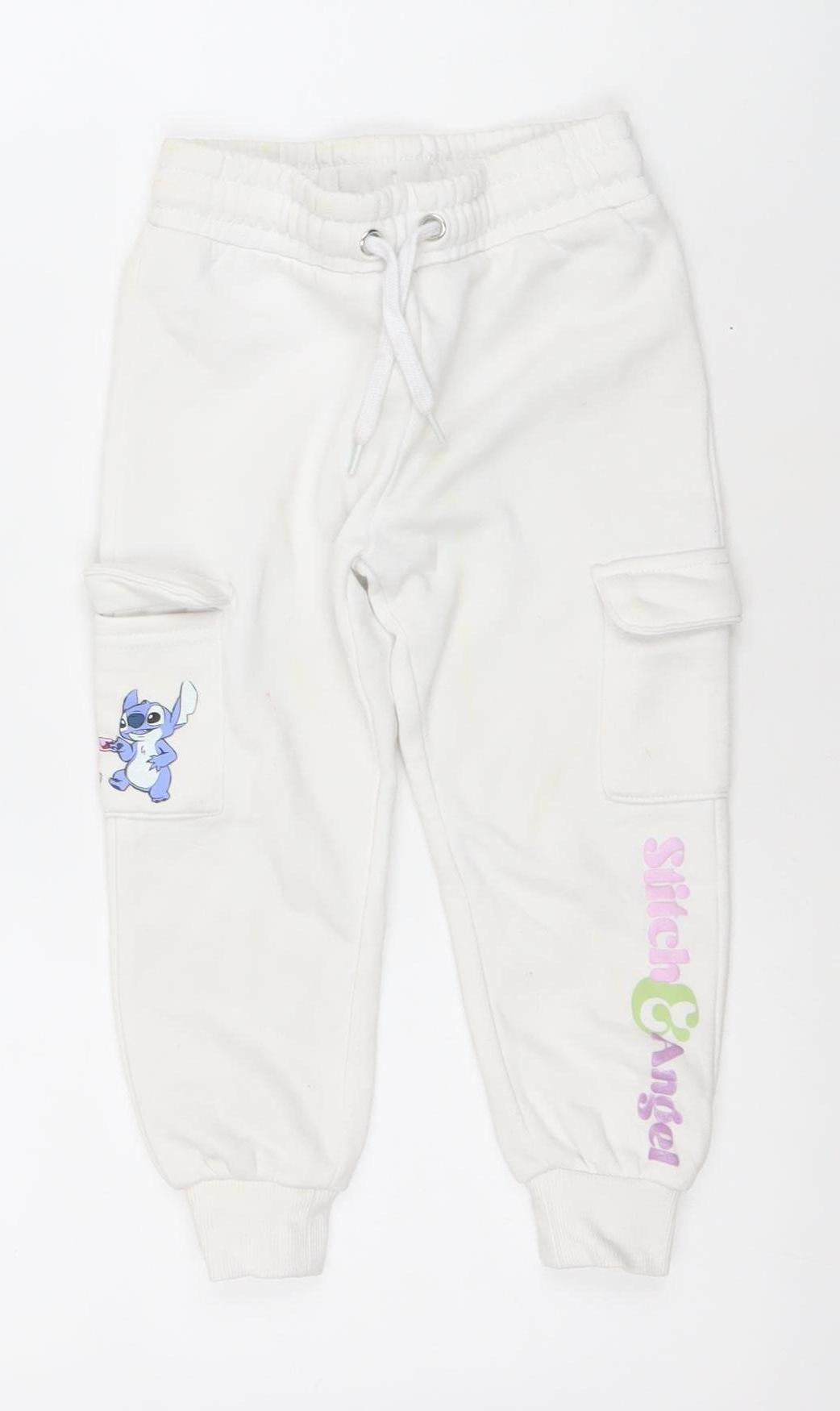 Disney Girls White Stitch Jogger Trousers 2-3 Years Cotton Blend Fleece