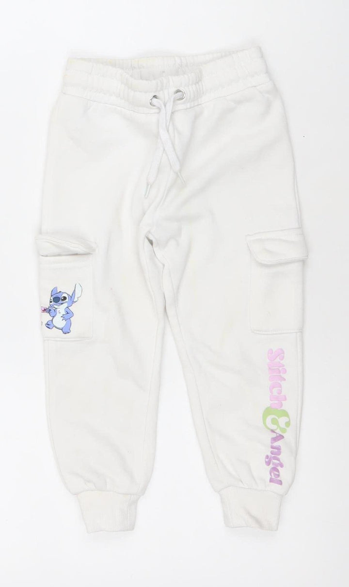 Disney Girls White Stitch Jogger Trousers 2-3 Years Cotton Blend Fleece