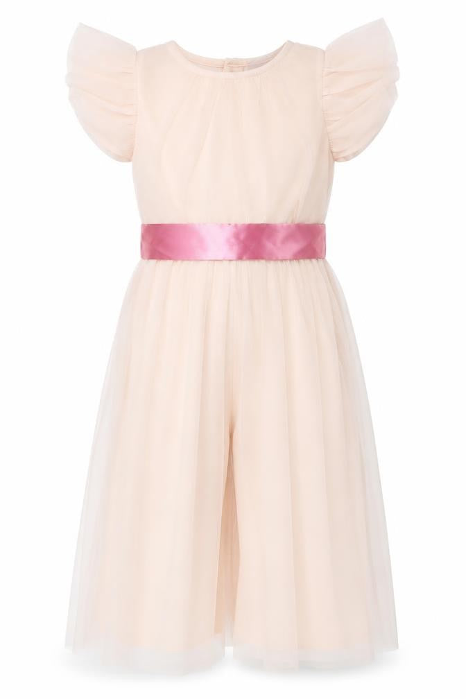 Front view of Little Kids girls’ pink tulle playsuit 3-4 years party dress with pink bow