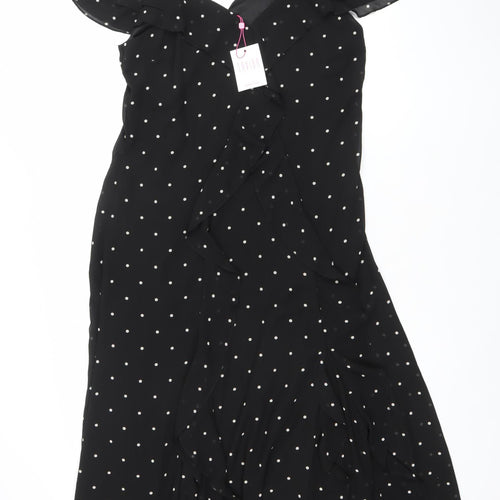 Saviior Women Black Polka Dot Cold Shoulder Midi Wrap Dress Size 14