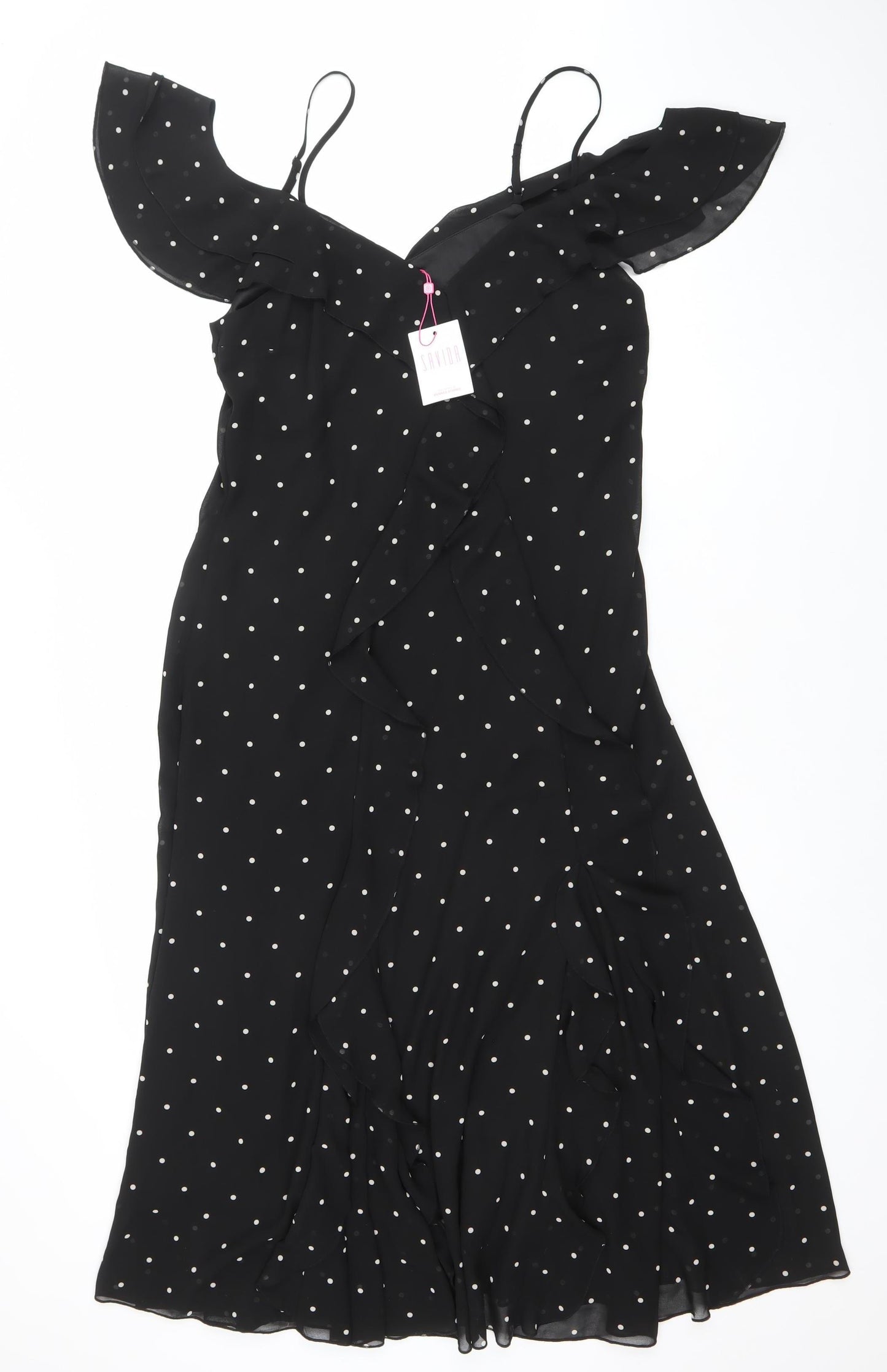 Saviior Women Black Polka Dot Cold Shoulder Midi Wrap Dress Size 14
