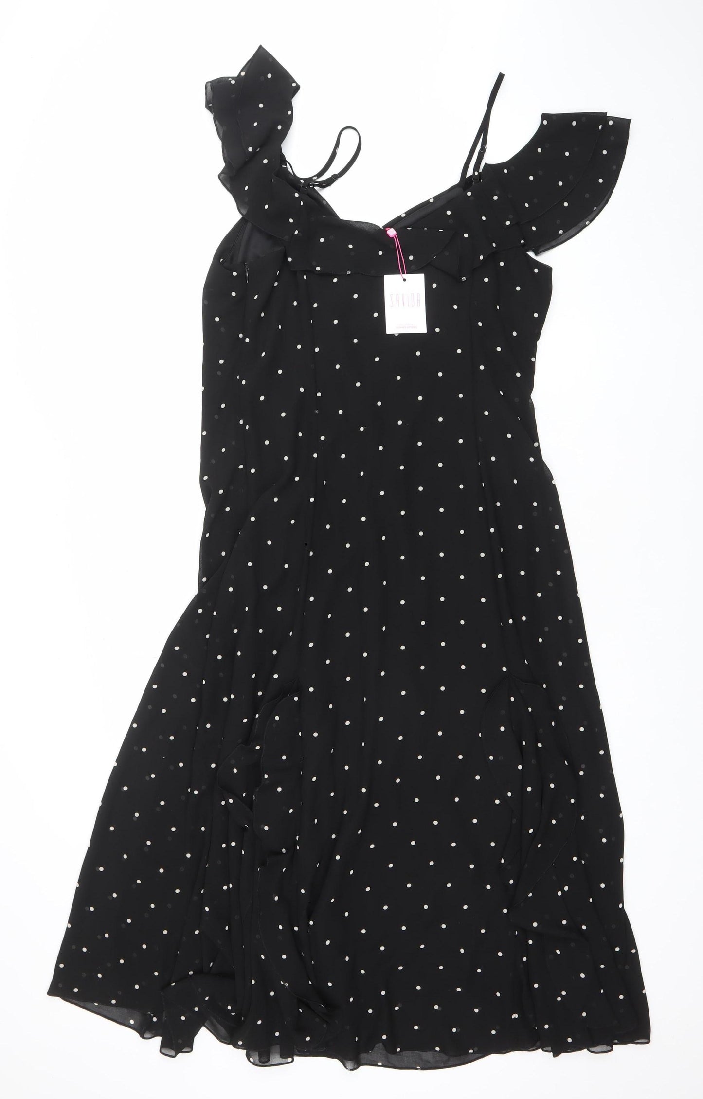 Saviior Women Black Polka Dot Cold Shoulder Midi Wrap Dress Size 14