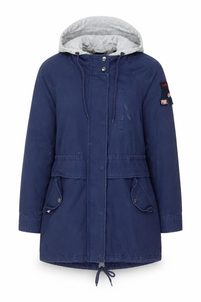 Front view of Semir Women’s Blue Hooded Parka Jacket, size S, Polyester Casual