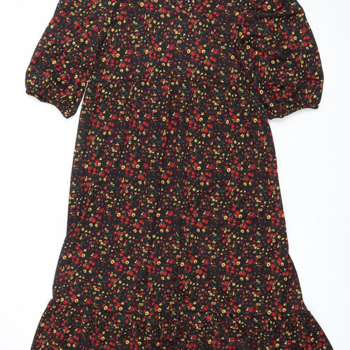 Primark Women's Black Floral A-Line Puff Sleeve Dress Size 8