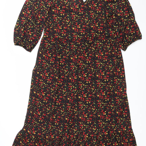 Primark Women's Black Floral A-Line Puff Sleeve Dress Size 8