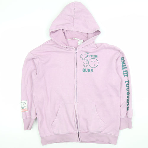 H&M SmileyWorld Girls Pink Full Zip Hoodie 8-10 Years Graphic Print Cotton Blend