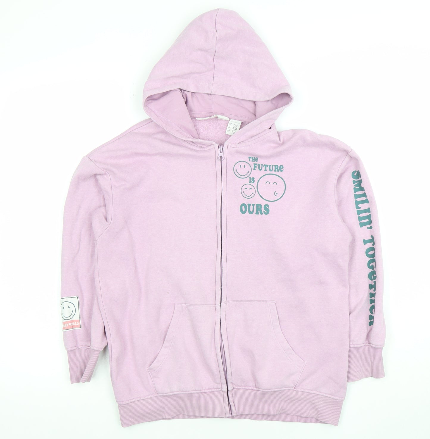 H&M SmileyWorld Girls Pink Full Zip Hoodie 8-10 Years Graphic Print Cotton Blend