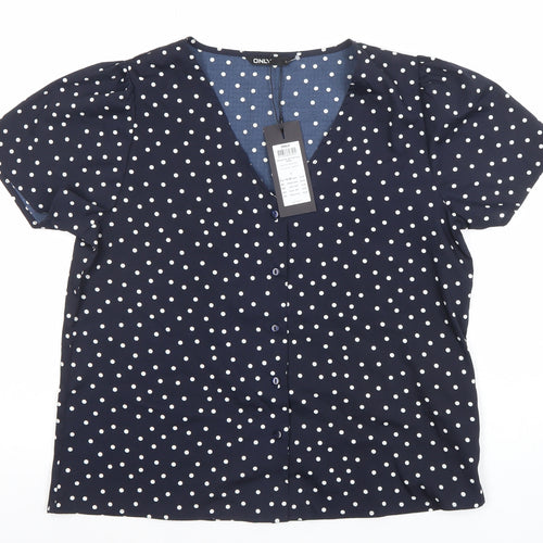 ONLY Womens Blue Polka Dot Short Sleeve V-Neck Button Blouse - Size L