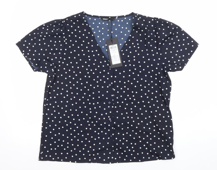 ONLY Womens Blue Polka Dot Short Sleeve V-Neck Button Blouse - Size L
