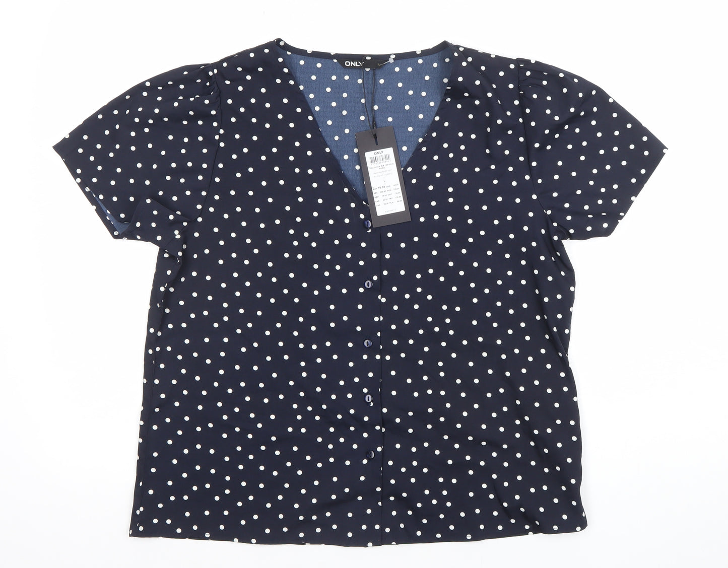 ONLY Womens Blue Polka Dot Short Sleeve V-Neck Button Blouse - Size L