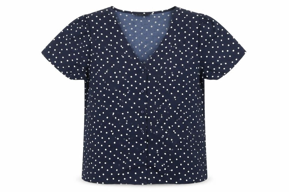 Front view of Only women’s blue polka dot short sleeve v-neck button blouse -, size L