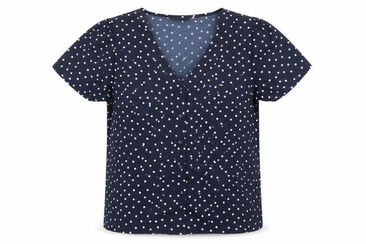 Front view of Only women’s blue polka dot short sleeve v-neck button blouse -, size L