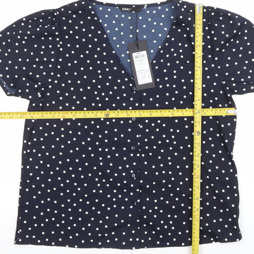 ONLY Womens Blue Polka Dot Short Sleeve V-Neck Button Blouse - Size L