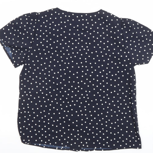 ONLY Womens Blue Polka Dot Short Sleeve V-Neck Button Blouse - Size L