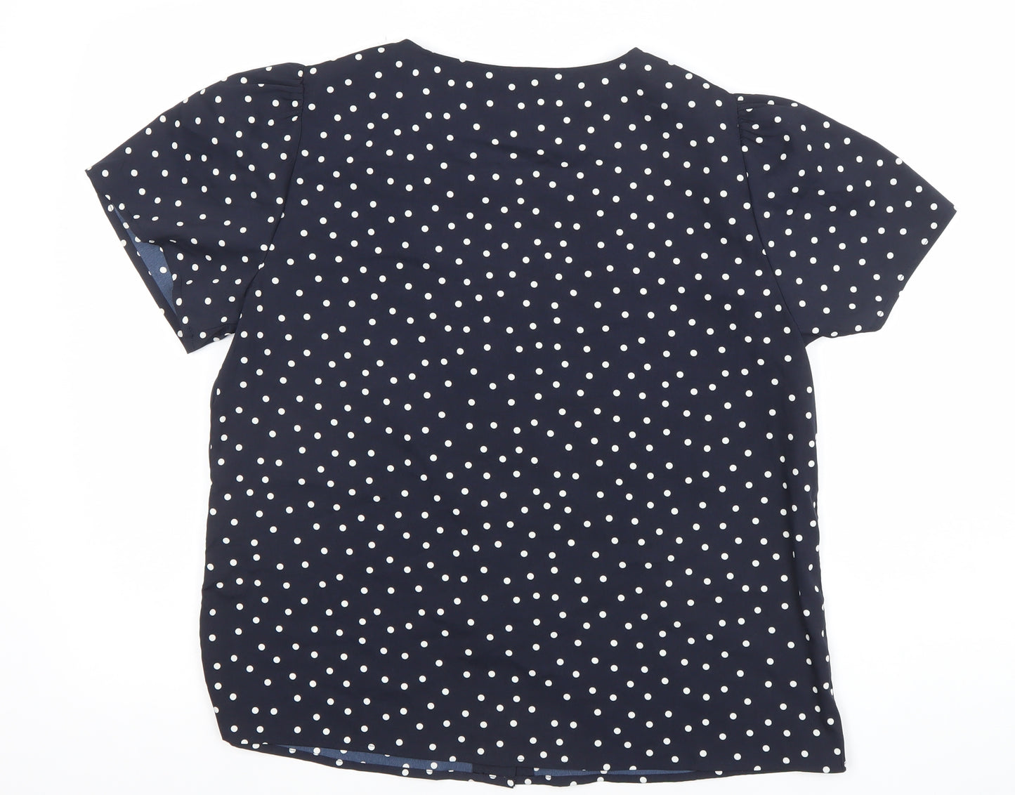 ONLY Womens Blue Polka Dot Short Sleeve V-Neck Button Blouse - Size L