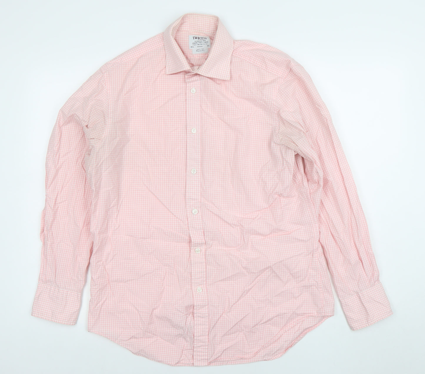 T.M. Lewin Men's Pink Check Cotton Long Sleeve Button-Up Shirt 15.5in Regular Fit