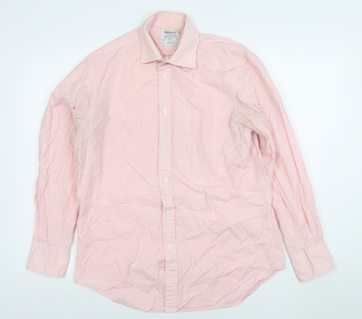 T.M. Lewin Men's Pink Check Cotton Long Sleeve Button-Up Shirt 15.5in Regular Fit