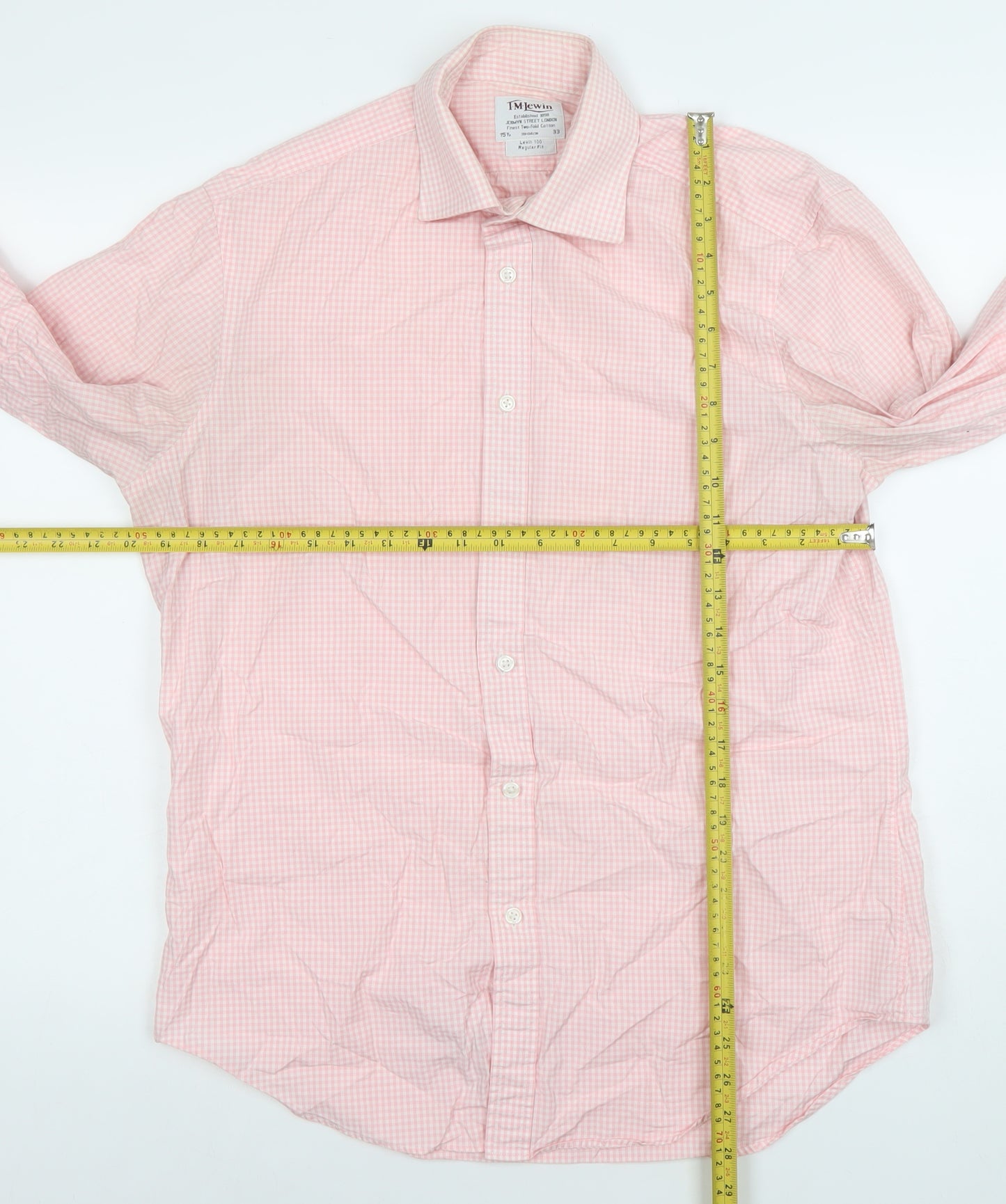 T.M. Lewin Men's Pink Check Cotton Long Sleeve Button-Up Shirt 15.5in Regular Fit