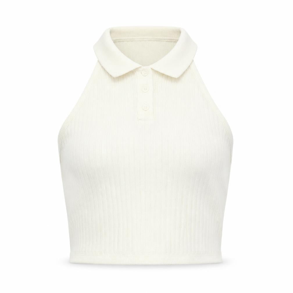 Collusion Womens Ivory Cropped Sleeveless Polo Top UK 12