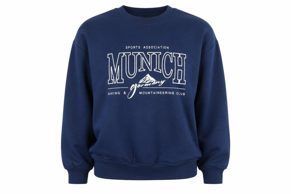 Front view of Dunnes Women’s Navy Blue Munich Graphic Pullover Sweatshirt, size S
