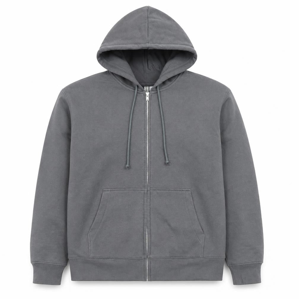 Front view of DIVIDED men’s grey full zip hoodie, size M, regular fit fleece