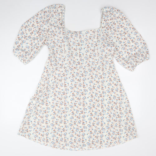 Primark Womens Floral Puff Sleeve A-Line Dress White Blue Size 12