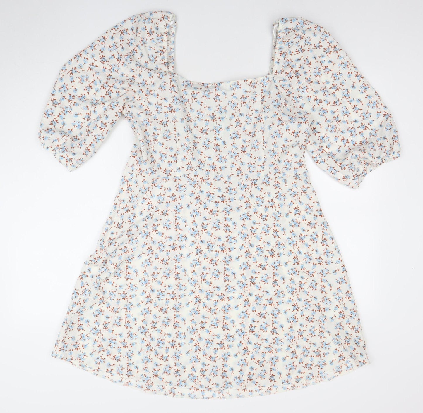 Primark Womens Floral Puff Sleeve A-Line Dress White Blue Size 12