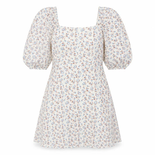 Front view of Primark women’s floral puff sleeve a-line dress white blue, size UK 12