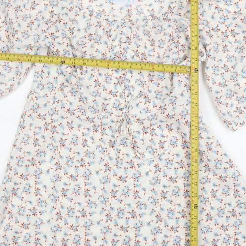 Primark Womens Floral Puff Sleeve A-Line Dress White Blue Size 12