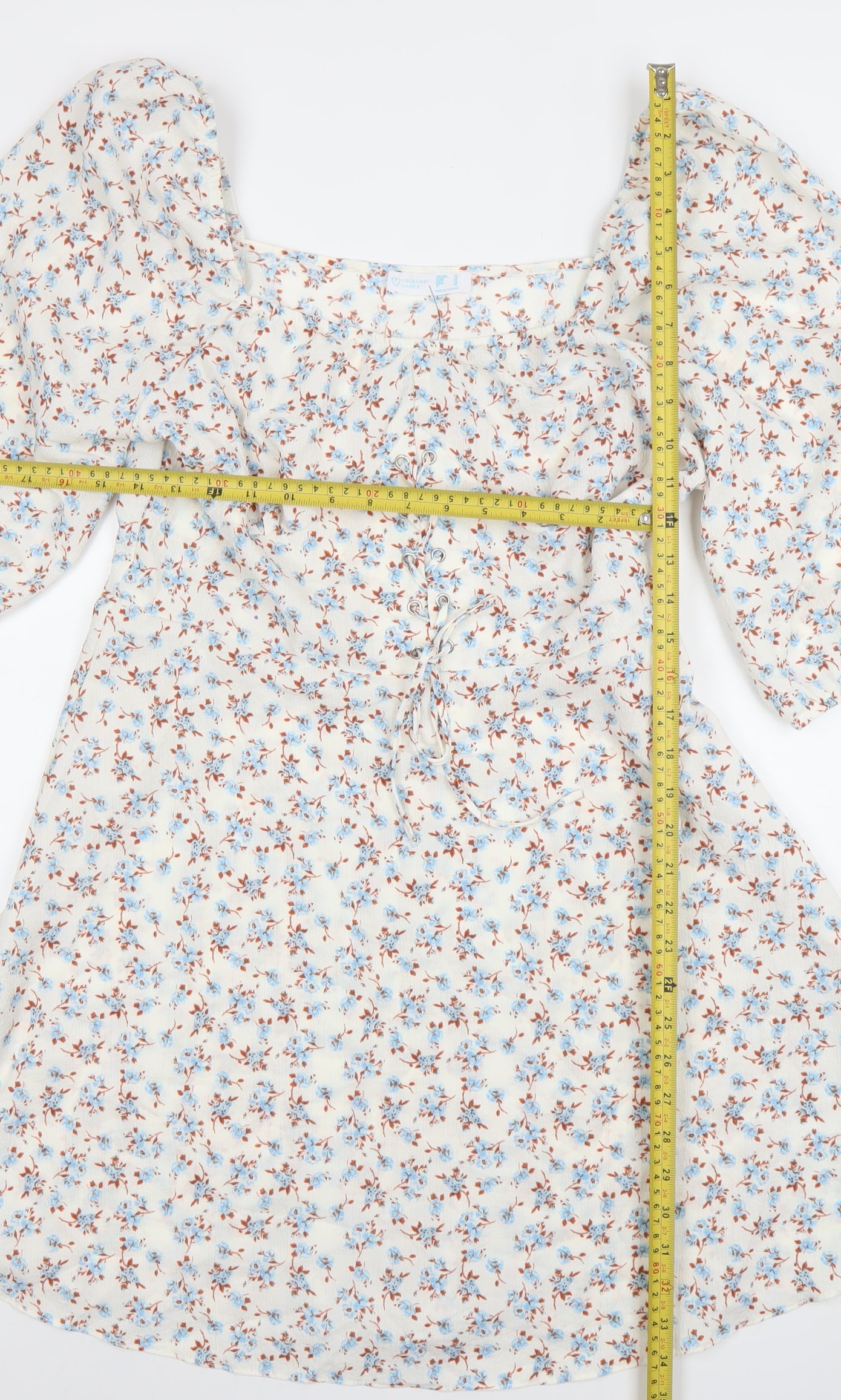 Primark Womens Floral Puff Sleeve A-Line Dress White Blue Size 12