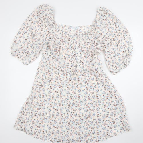 Primark Womens Floral Puff Sleeve A-Line Dress White Blue Size 12