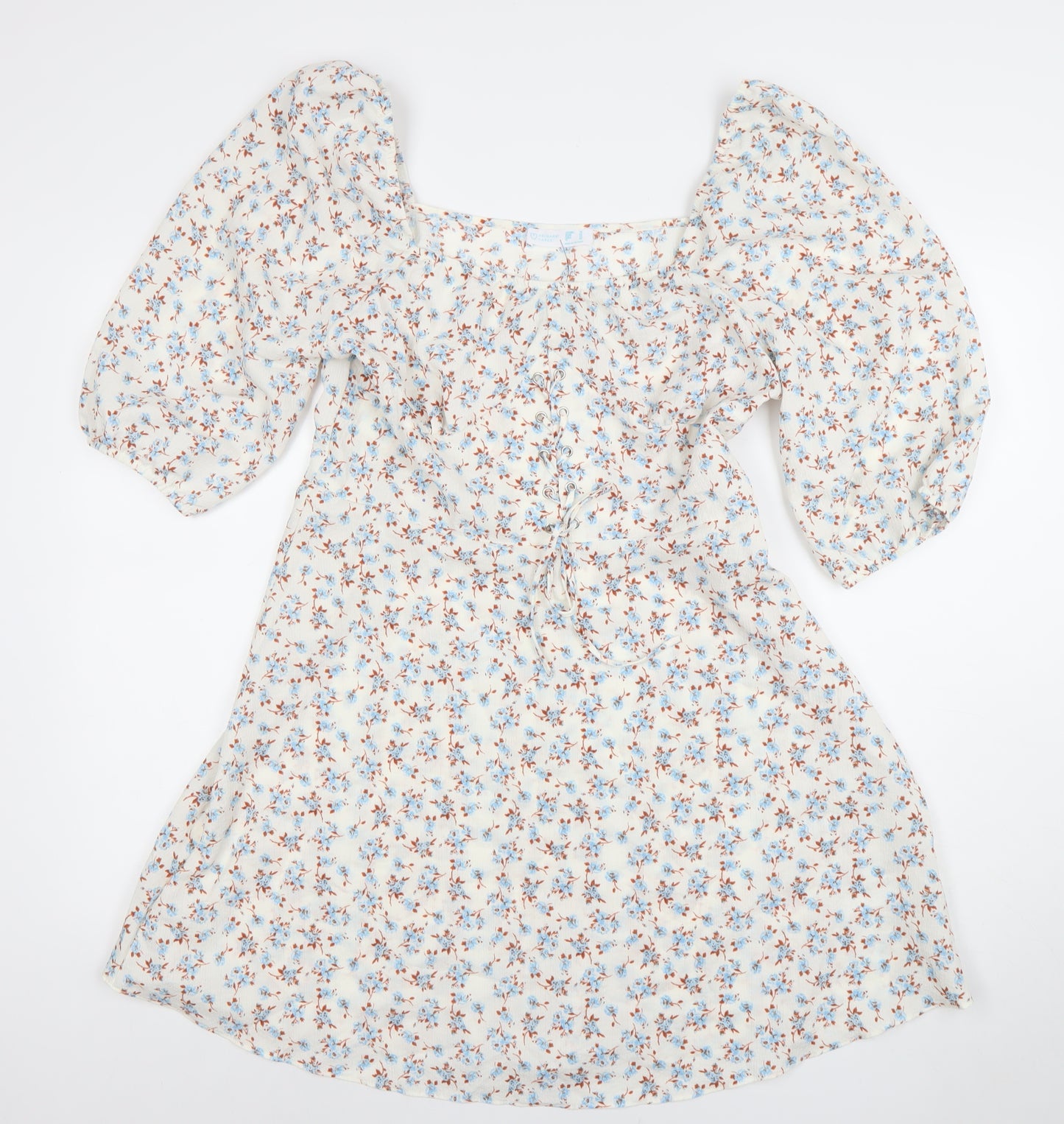Primark Womens Floral Puff Sleeve A-Line Dress White Blue Size 12