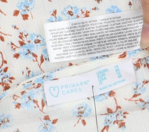 Primark Womens Floral Puff Sleeve A-Line Dress White Blue Size 12