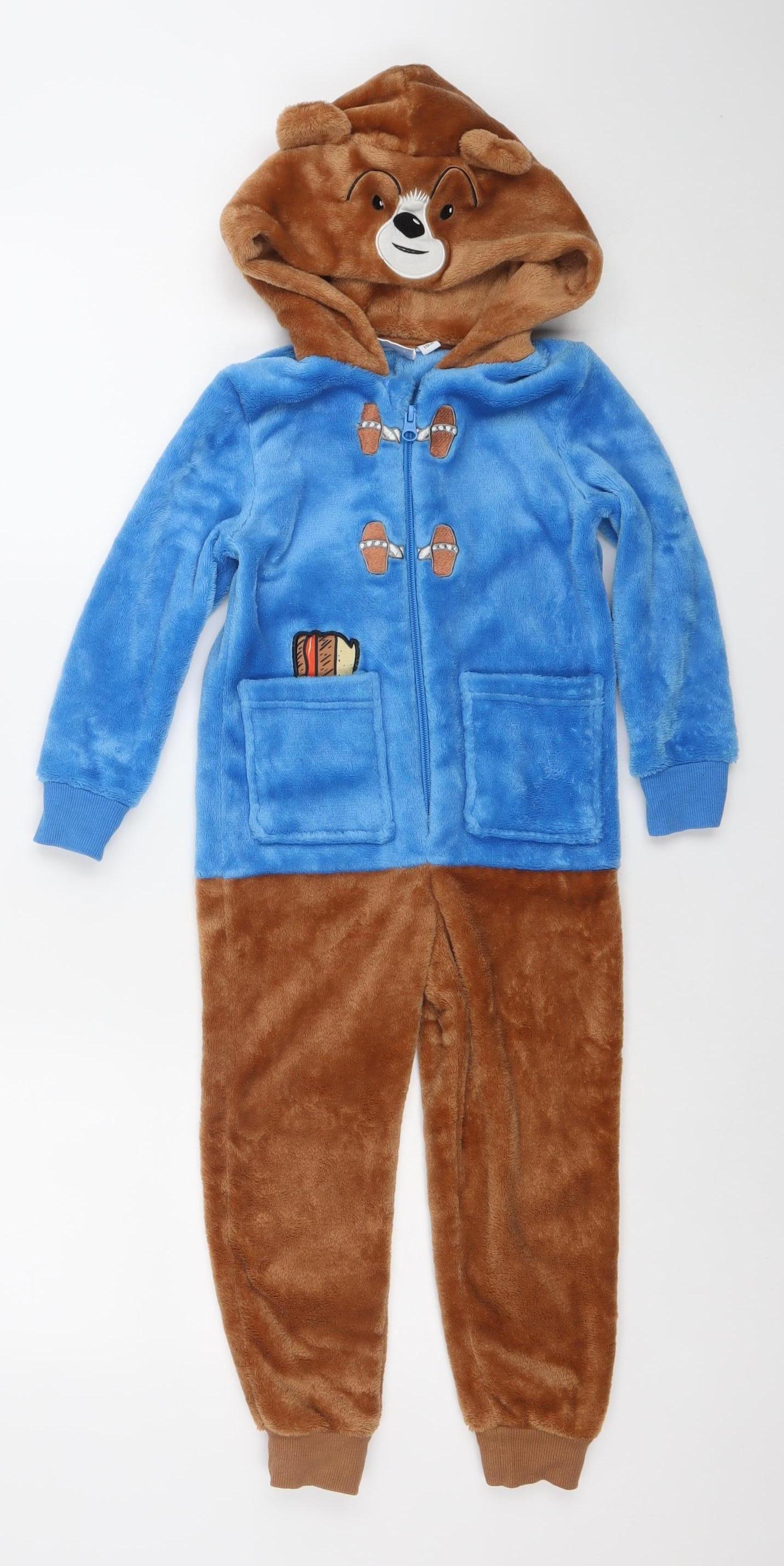 Paddington Boys Blue Brown Fleece Hooded One Piece Pyjama 4-5 Years