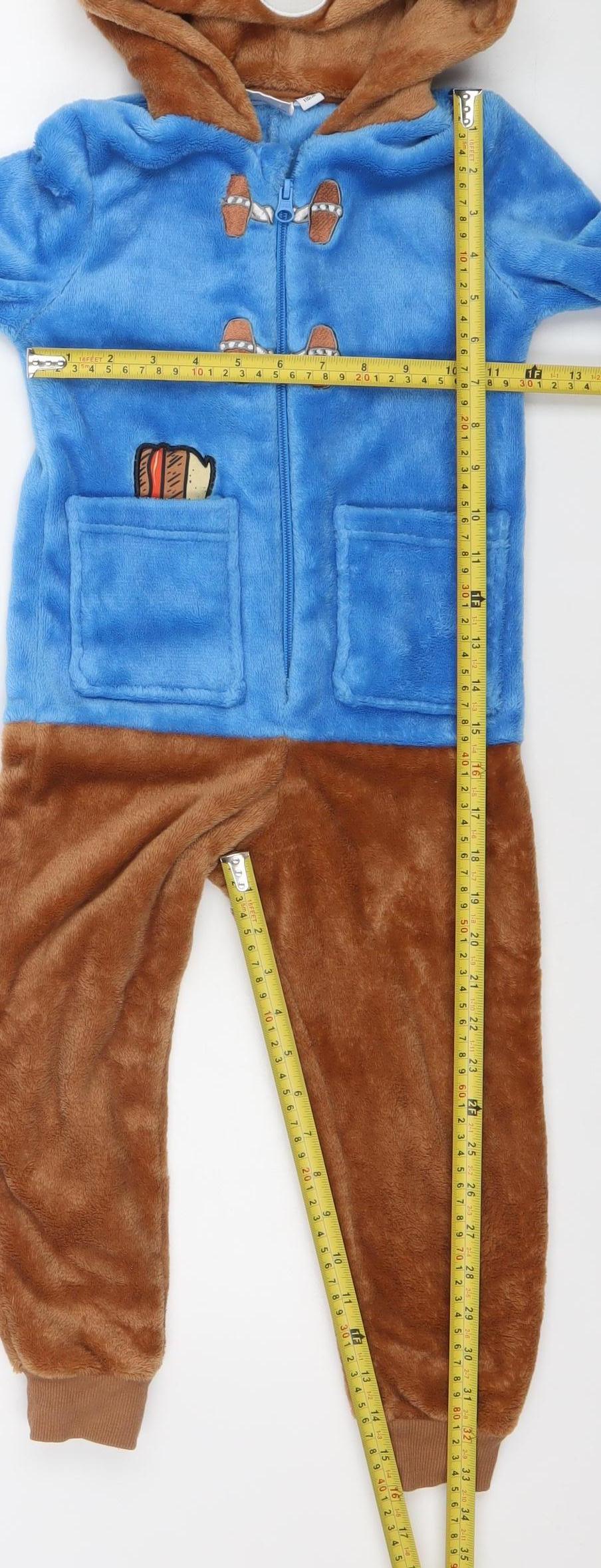 Paddington Boys Blue Brown Fleece Hooded One Piece Pyjama 4-5 Years