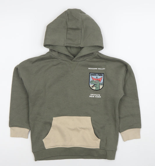 Primark Boys Khaki Green Pullover Hoodie 5-6 Years Skate Dinosaur Graphic