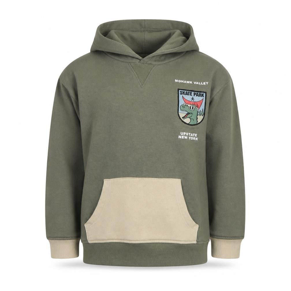 Primark Boys Khaki Green Pullover Hoodie 5-6 Years Skate Dinosaur Graphic