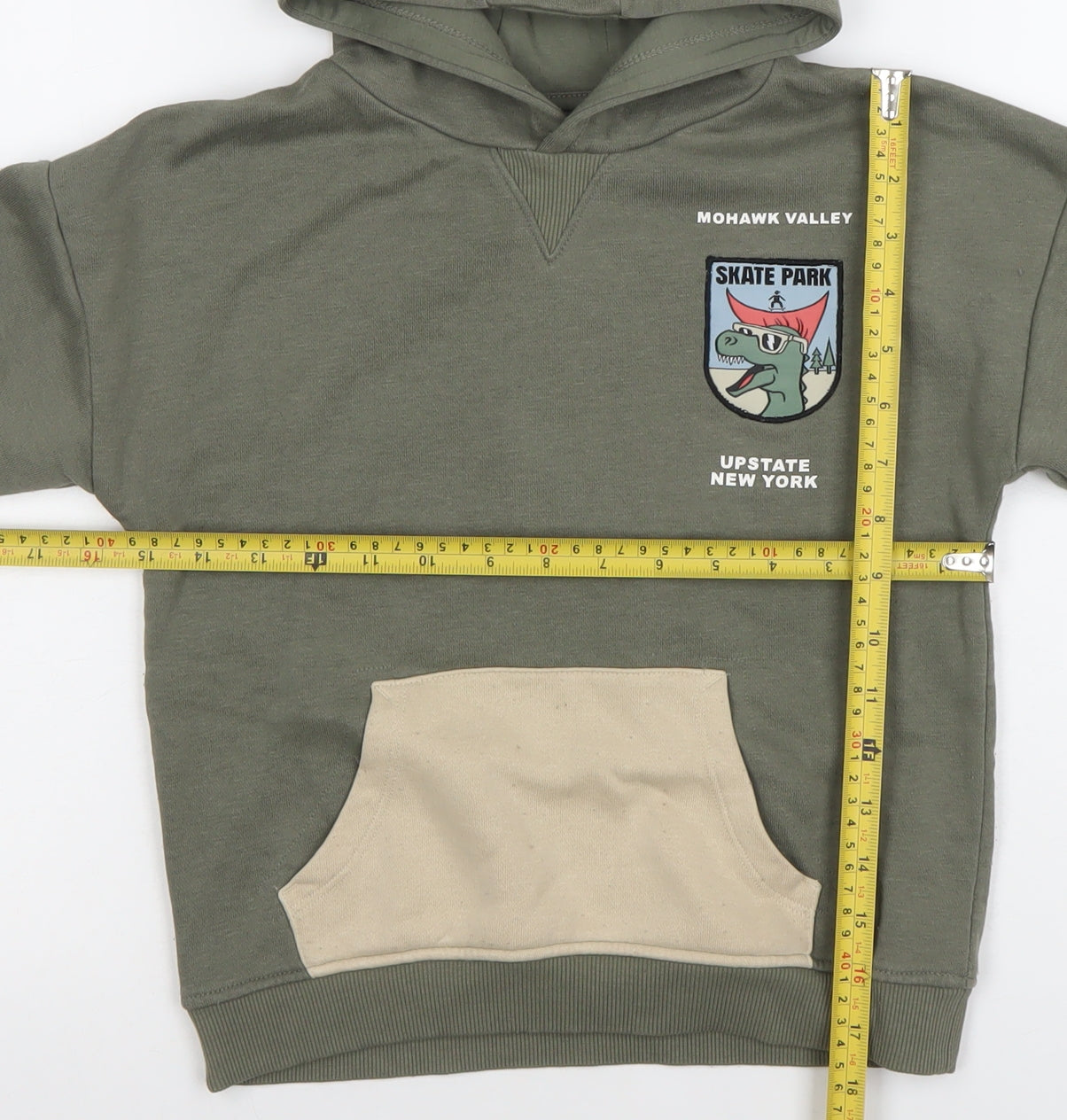 Primark Boys Khaki Green Pullover Hoodie 5-6 Years Skate Dinosaur Graphic