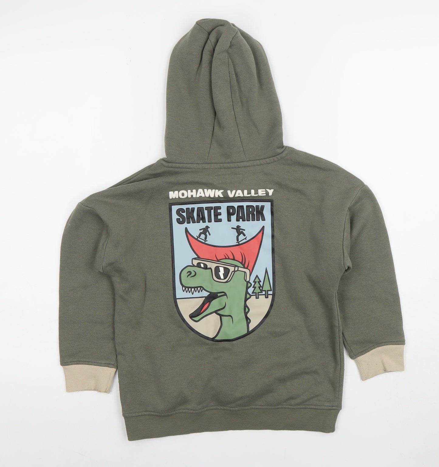Primark Boys Khaki Green Pullover Hoodie 5-6 Years Skate Dinosaur Graphic
