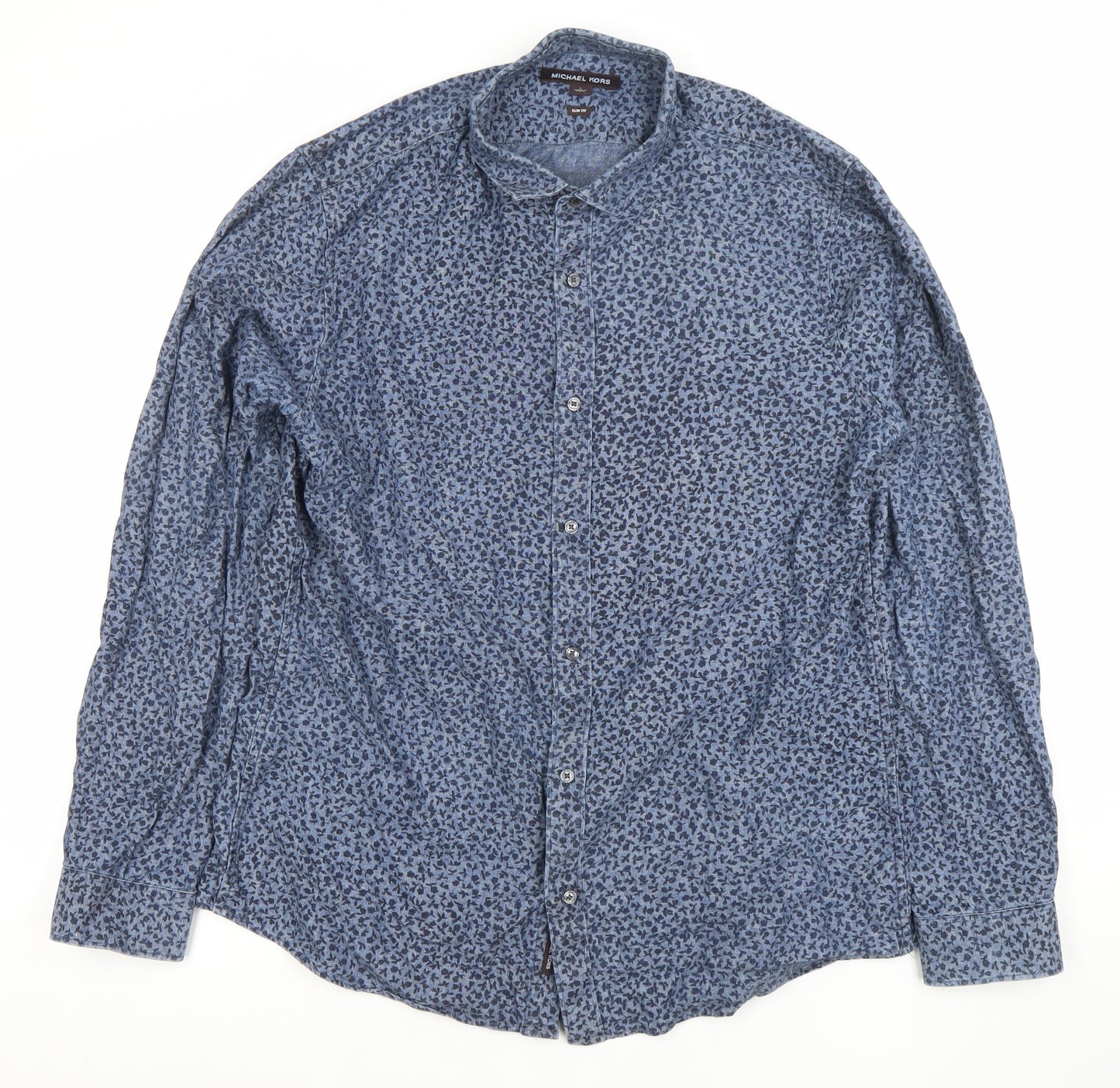 Michael Kors Men's Blue Floral Slim Fit Long Sleeve Cotton Shirt L