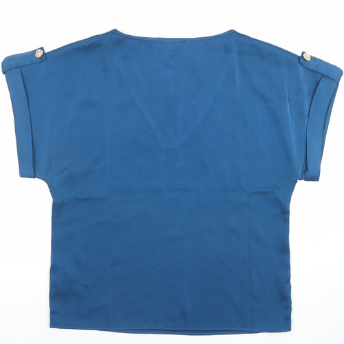Emily & Me Women Blue V-Neck Short Sleeve Blouse Size 10