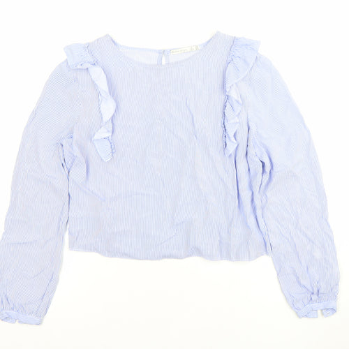 Bershka Womens Blue Striped Ruffle Blouse Size M