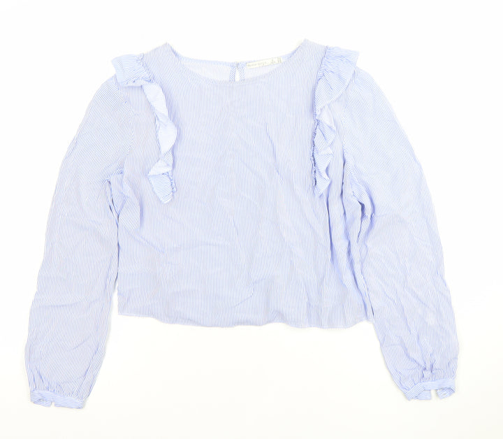 Bershka Womens Blue Striped Ruffle Blouse Size M