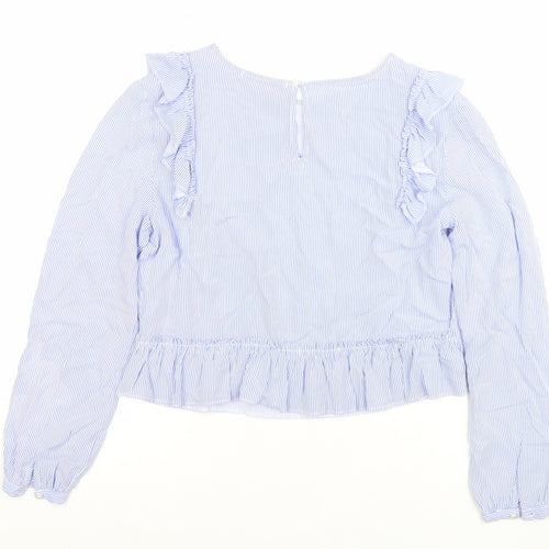 Bershka Womens Blue Striped Ruffle Blouse Size M