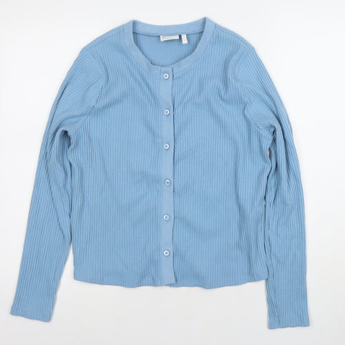 ASOS Design Women Blue Ribbed Button Cardigan Size L Long Sleeve Cotton Blend