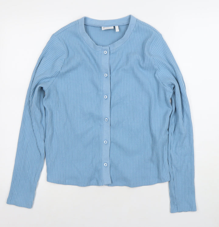 ASOS Design Women Blue Ribbed Button Cardigan Size L Long Sleeve Cotton Blend