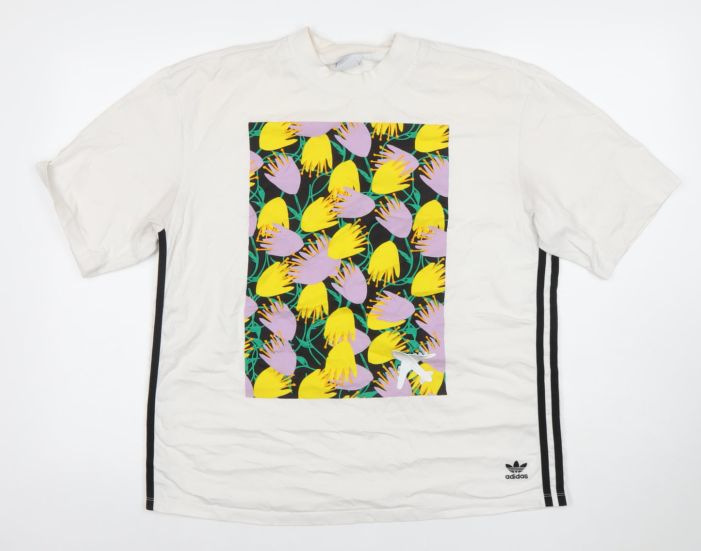 adidas Womens White Floral Print Short Sleeve Cotton T-Shirt Size S