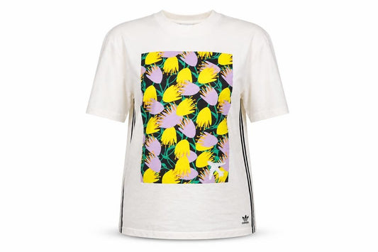 Front view of adidas women’s white floral print short sleeve cotton t-shirt, size S