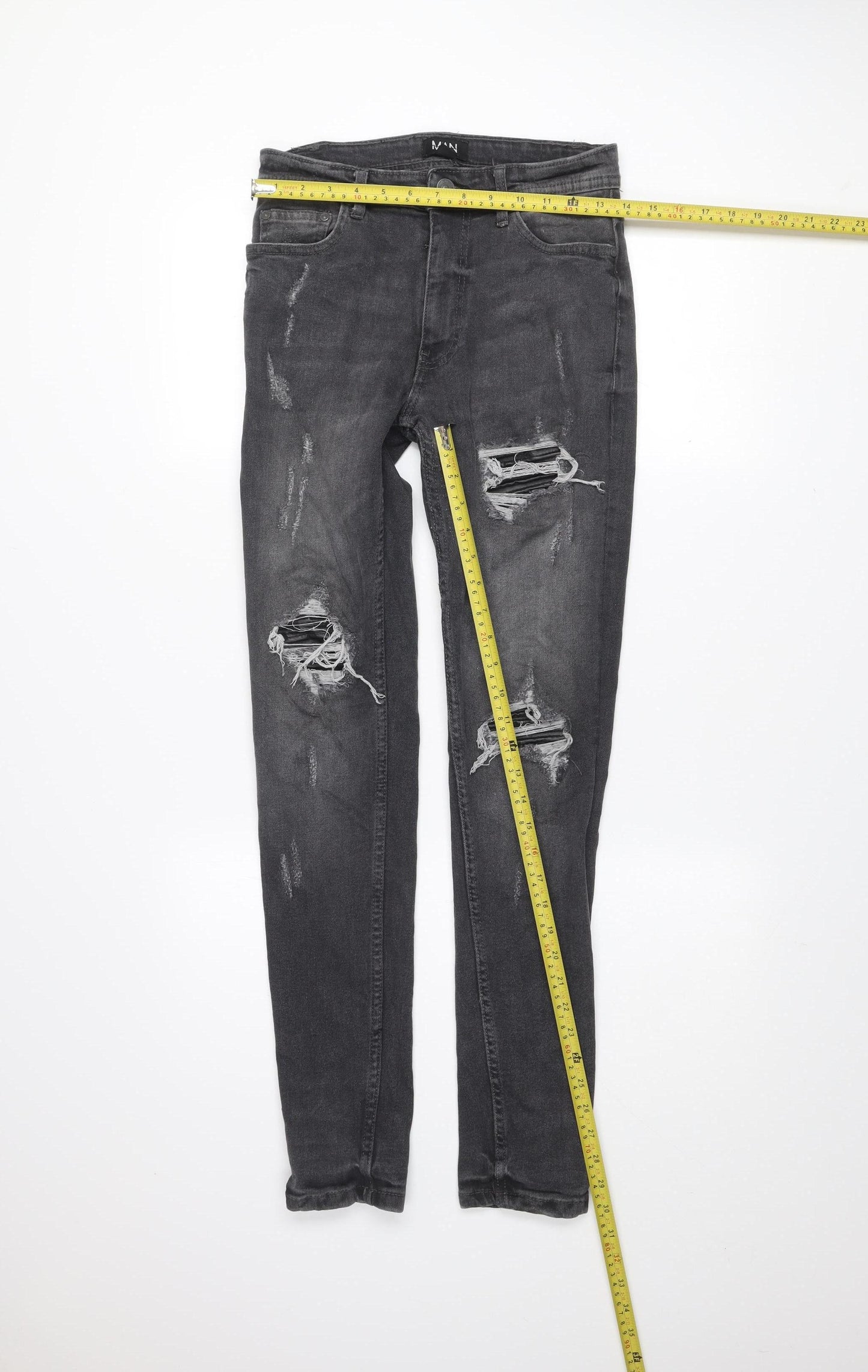 boohooMAN Men’s Grey Distressed Skinny Jeans 30R Slim Fit Denim