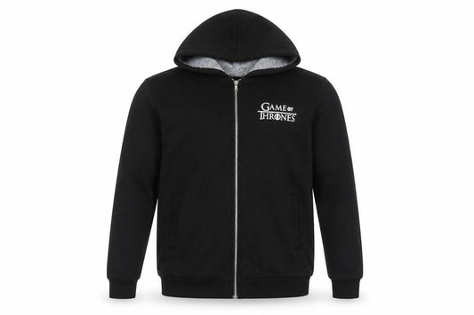 Front view of HEQU Men's Black Game of Thrones Hooded Zip Track Jacket, size M